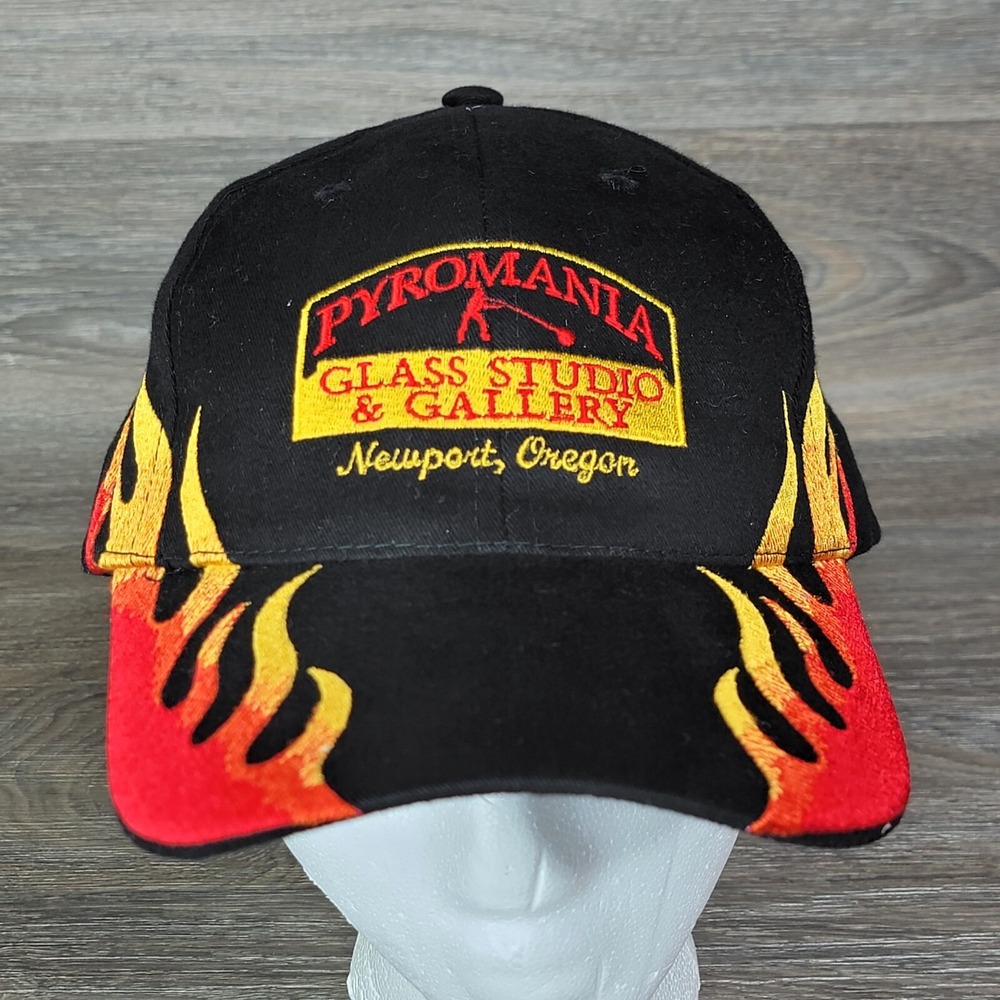 Vintage Hat Mens Adjustable Pyromania‎ Glass Studio & Gallery Black Flames Red